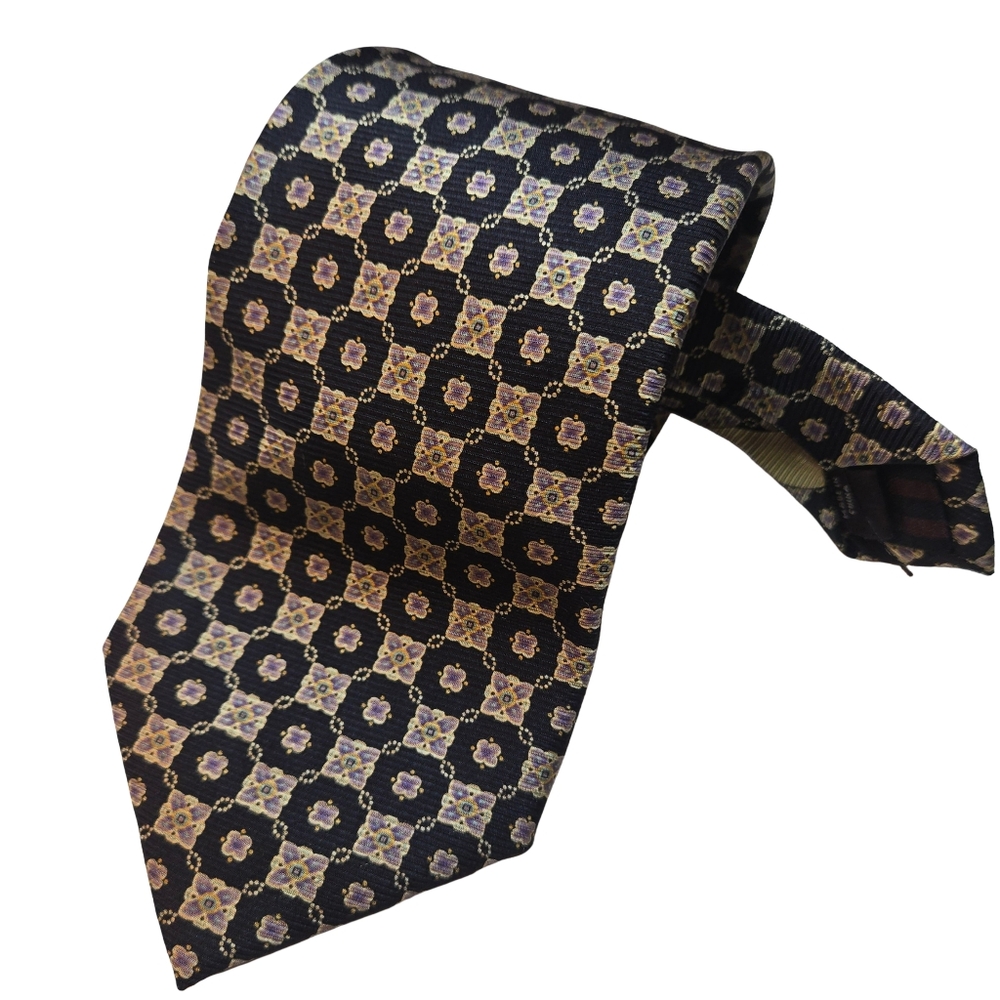 Black Brown 1826 100% Silk Black Brown; Black and Gold Patterned Tie
